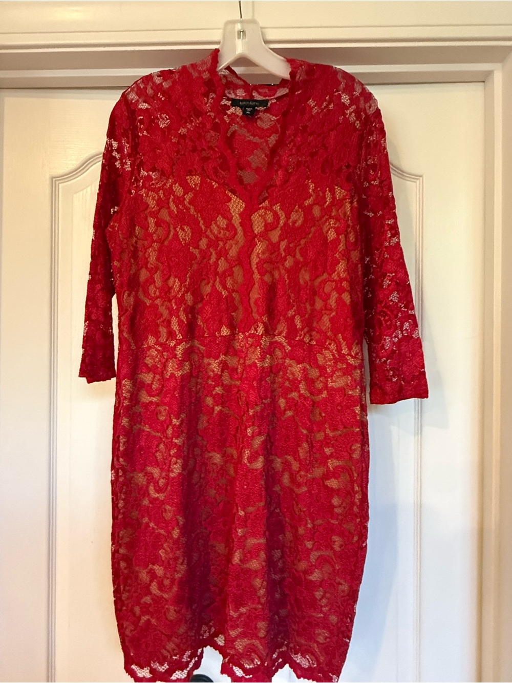 Karen Kane Red Lace V‑Neck Midi Dress